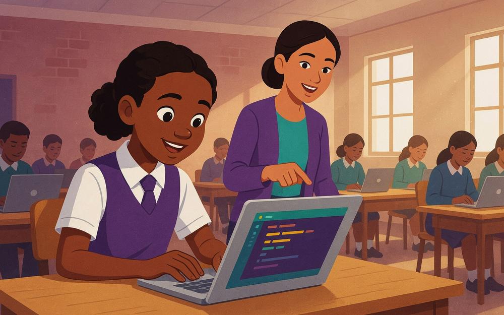 Illustration: a girl running her first line of code