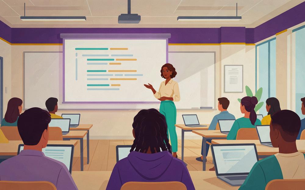 Illustration: a young woman teaching a class